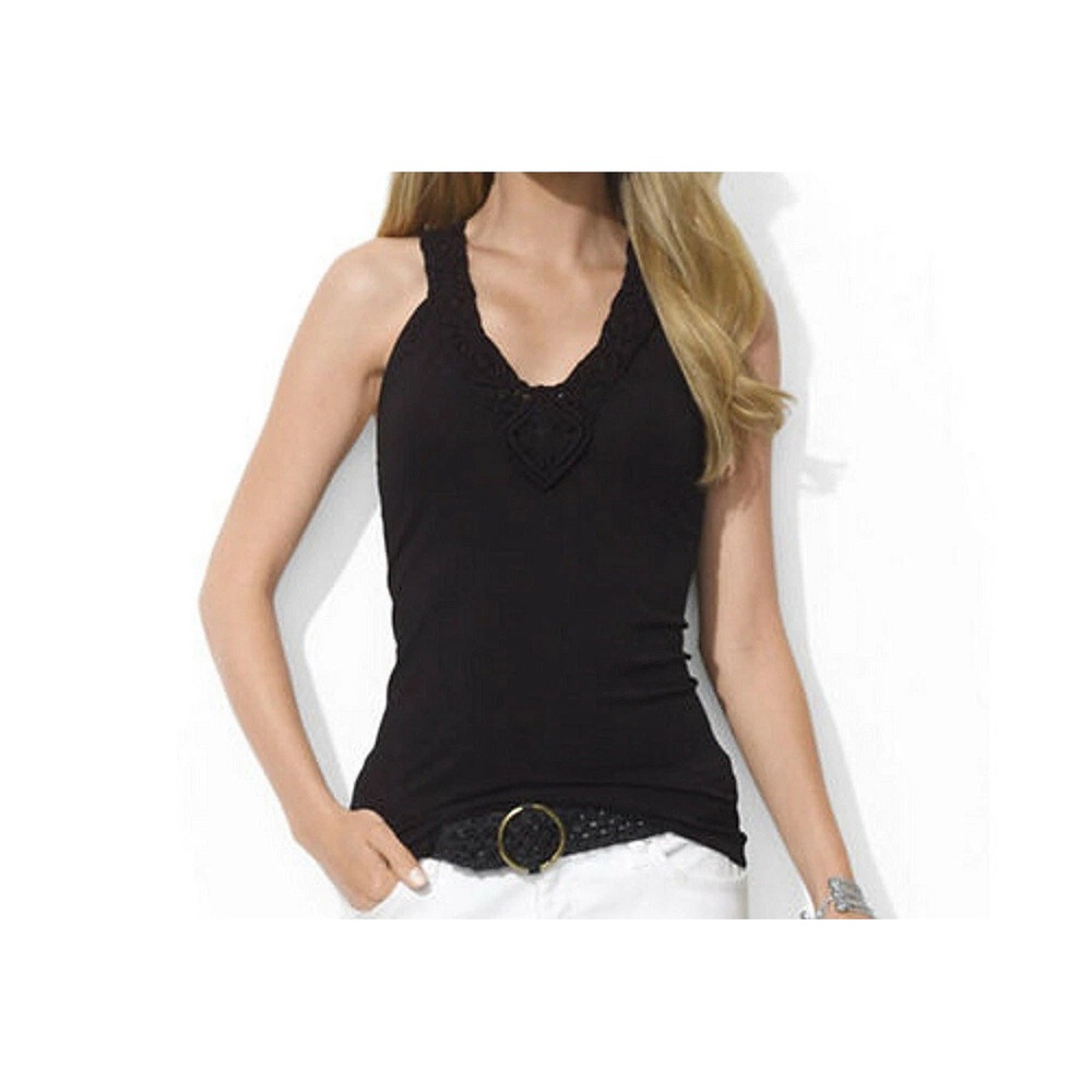 Lauren Ralph Lauren Women's M Y2K Crochet Neck Tank Top Black Boho Resortwear